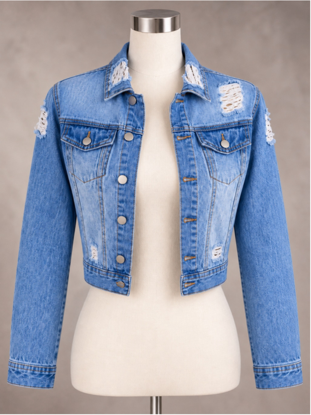 Distressed Blue Ripped Button-Up Denim Jacket – Size M - Picture 4 of 8